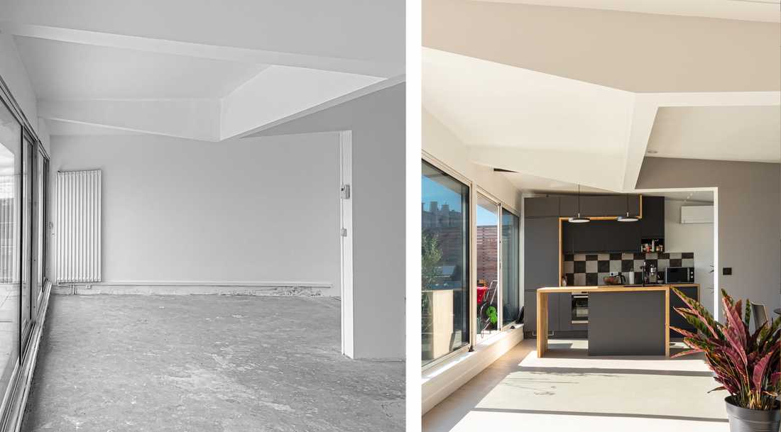 Avant-Après : Aménagement d'une cuisine ouverte dans un duplex par un architecte à Lyon